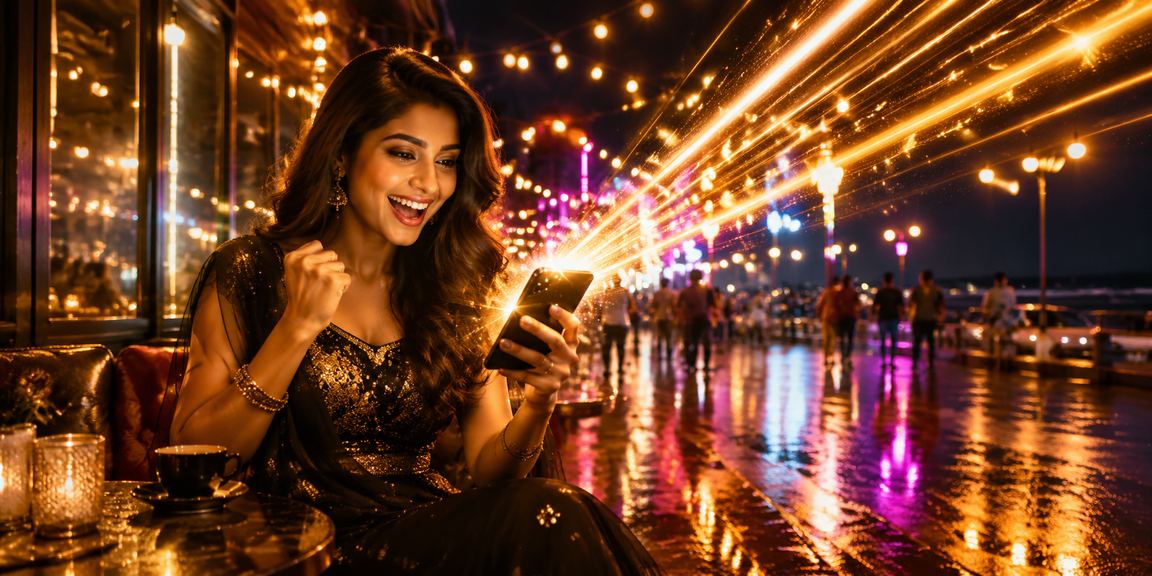 Player enjoying live casino games on mobile device at Chennai Marina Beach