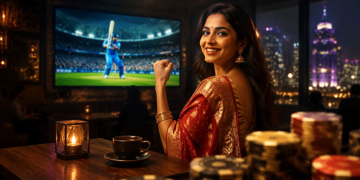 Indian woman in saree enjoying Andar Bahar card game during cricket match day